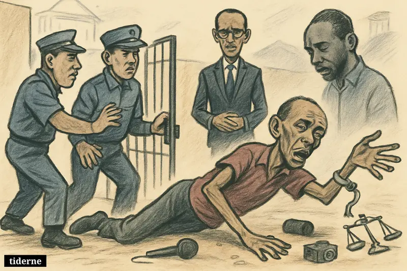 Aimable Karasira collapses at a prison gate as guards react, while Paul Kagame watches and Kizito Mihigo appears as a solemn witness.