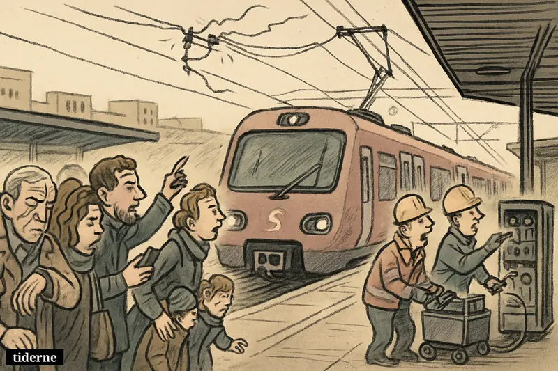 A stalled S-train, anxious commuters, and rail workers inspecting faulty overhead power equipment on a busy Copenhagen platform.