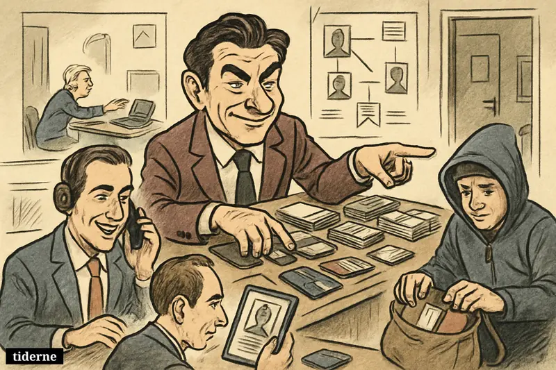 An organized scam ring works like an office while an elderly victim hesitates by a ringing phone at home.