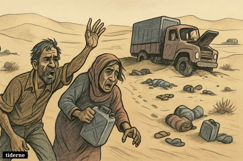 Two exhausted survivors stagger away from a broken truck in the Sahara, with abandoned belongings, covered bodies, and another stranded truck in the distance.