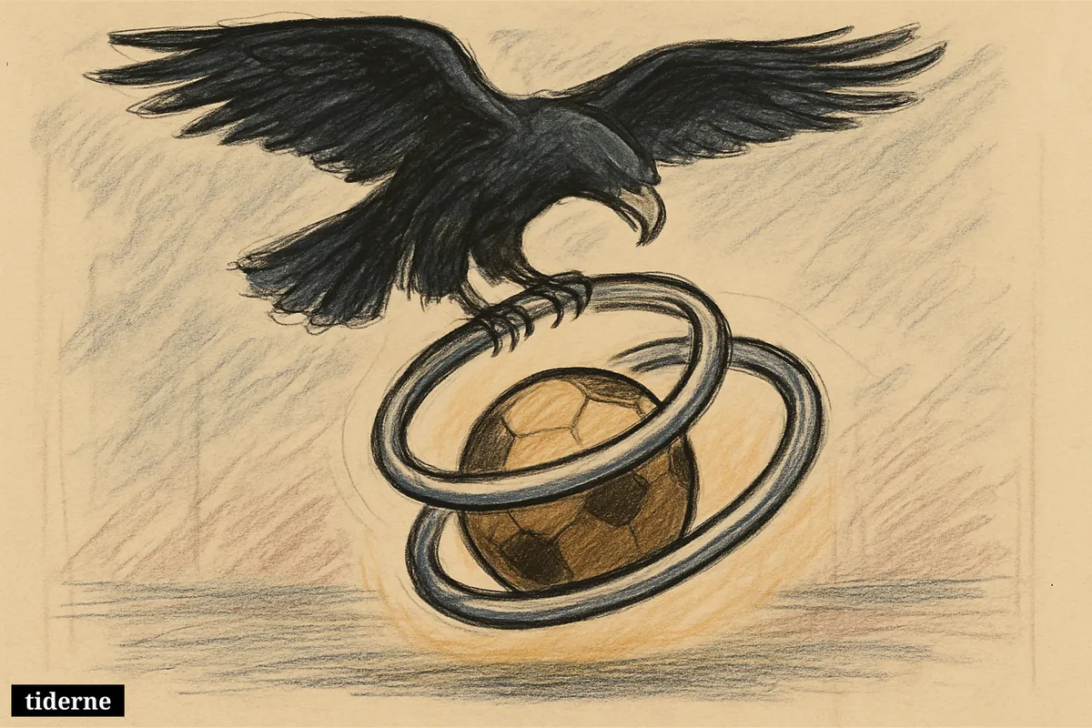 Black eagle hovering over a glowing football as metallic rings tighten around it on a dark background (AI-genereret illustration)
