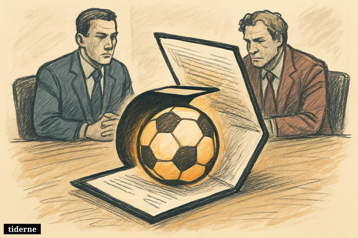 Glowing football suspended inside a cracked black contract seal on a dark background with subtle silver highlights (AI-genereret illustration)
