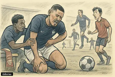 Caricature of William Saliba kneeling on the pitch clutching his back during France’s semifinal as players and staff react around him. (AI-genereret illustration)