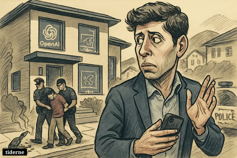 Caricature of Sam Altman outside his damaged San Francisco home as police lead away a handcuffed young suspect.