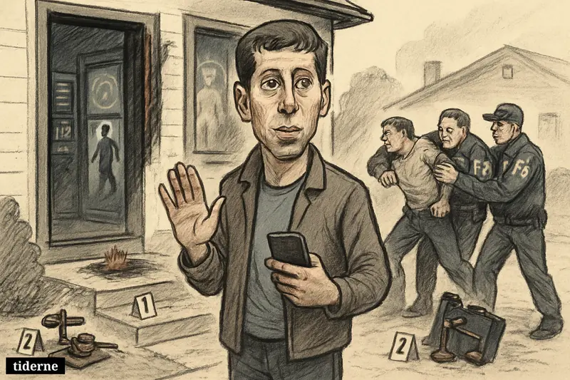 Caricature of Sam Altman outside a damaged home as federal agents restrain a suspect, with AI-themed interior details and legal symbols nearby.