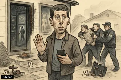 Caricature of Sam Altman outside a damaged home as federal agents restrain a suspect, with AI-themed interior details and legal symbols nearby.