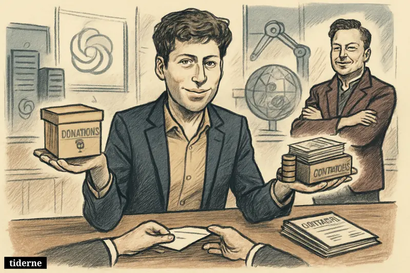 Caricature of Sam Altman in a boardroom weighing charity against money, while Elon Musk watches amid AI machines and government deal imagery.