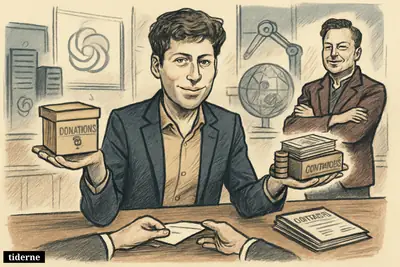 Caricature of Sam Altman in a boardroom weighing charity against money, while Elon Musk watches amid AI machines and government deal imagery.