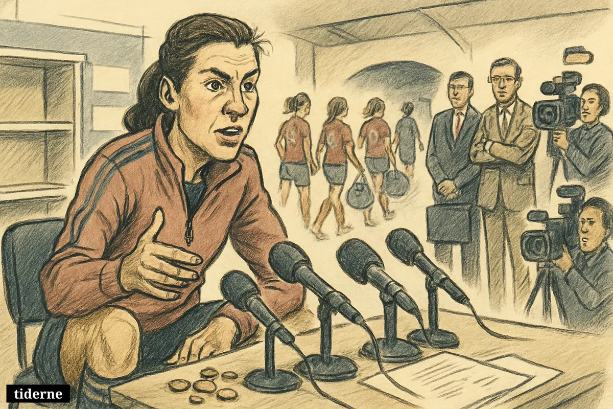 A female football star speaks at a press conference as players leave a stadium tunnel and money-related props signal underinvestment in women’s soccer. (AI-genereret illustration)