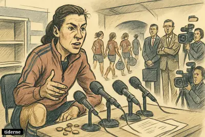 A female football star speaks at a press conference as players leave a stadium tunnel and money-related props signal underinvestment in women’s soccer. (AI-genereret illustration)