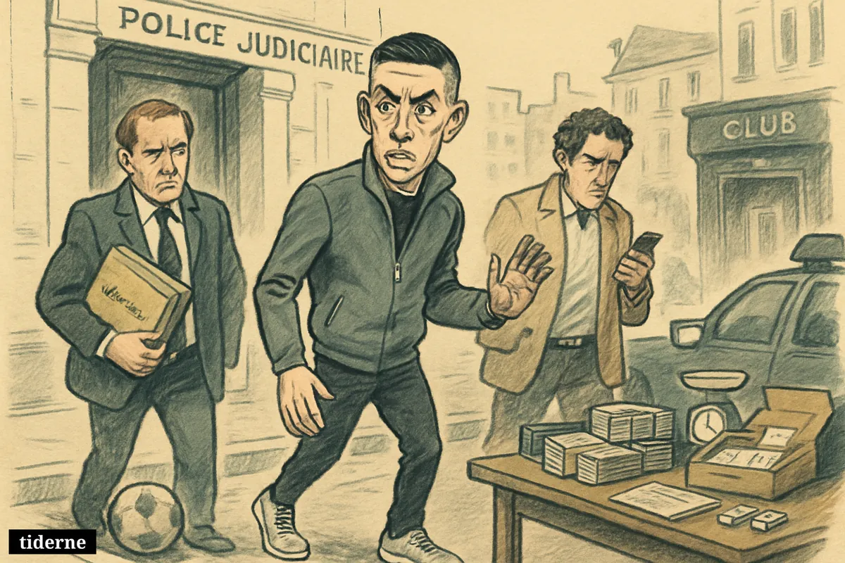 Caricature of Samir Nasri leaving a Paris police building, flanked by investigators, with football, nightclub, and financial-crime evidence nearby. (AI-genereret illustration)