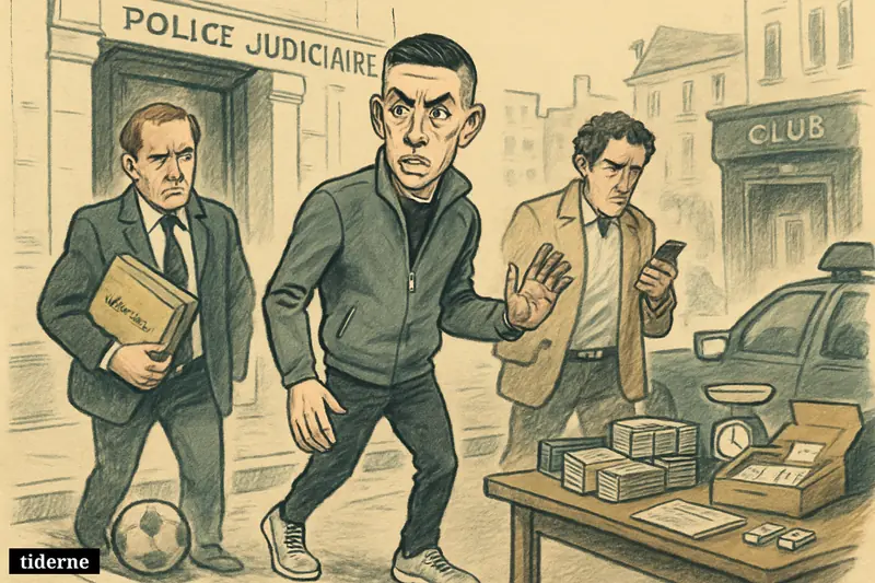 Caricature of Samir Nasri leaving a Paris police building, flanked by investigators, with football, nightclub, and financial-crime evidence nearby. (AI-genereret illustration)