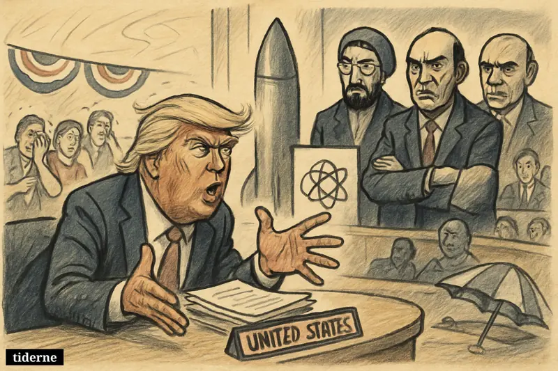 Caricature of Donald Trump dominating a tense UN confrontation on Iran, with heat-weary Americans and canceled holiday decorations in the background.