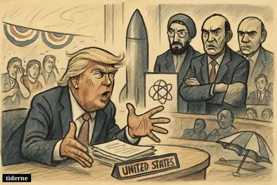 Caricature of Donald Trump dominating a tense UN confrontation on Iran, with heat-weary Americans and canceled holiday decorations in the background.