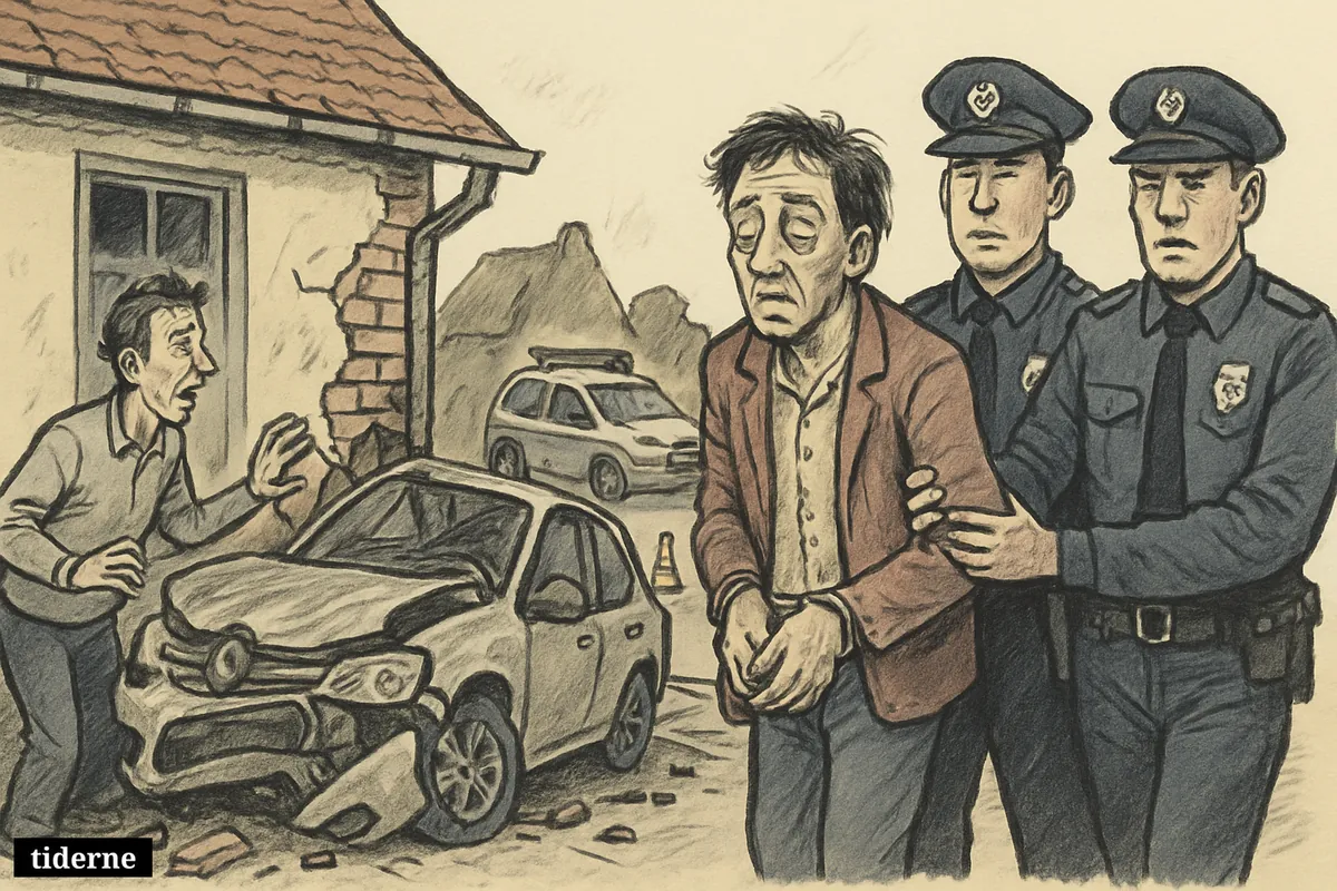 Police escort a disheveled man beside a car crashed into a village house while a shaken resident inspects the damage.