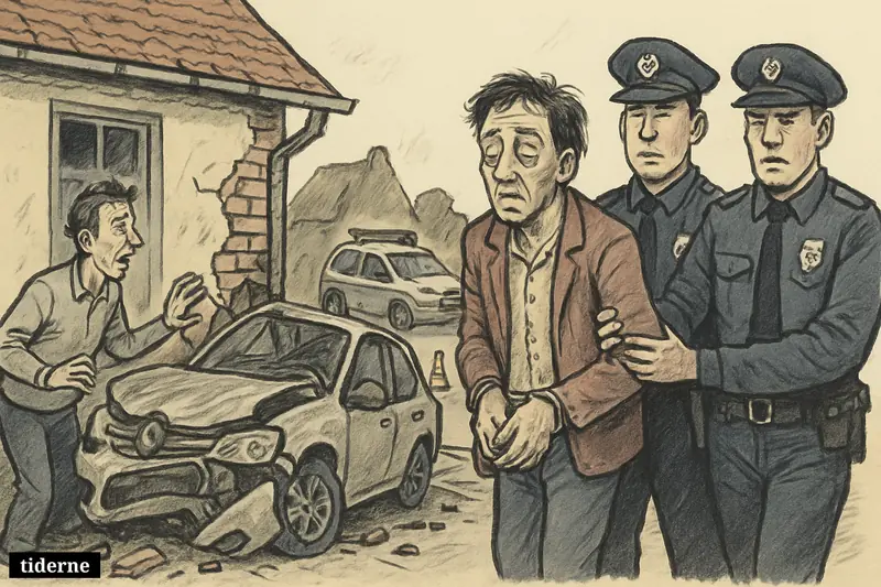 Police escort a disheveled man beside a car crashed into a village house while a shaken resident inspects the damage.