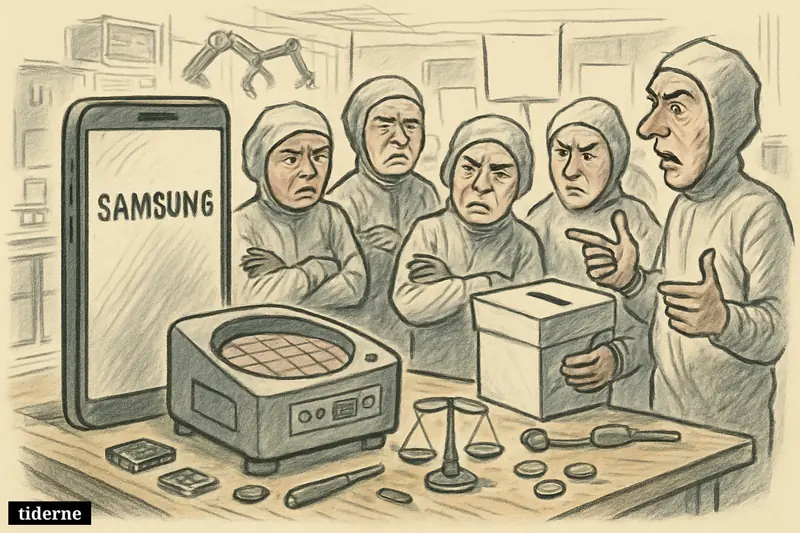 Caricature of tense factory workers around Samsung devices and chip equipment, with a ballot box and paused machinery signaling an unresolved labor dispute.