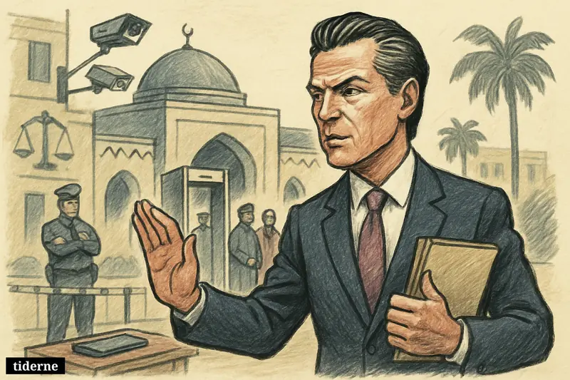 Caricature of Gavin Newsom before a San Diego mosque with security measures, police presence, worshippers, and justice symbols.