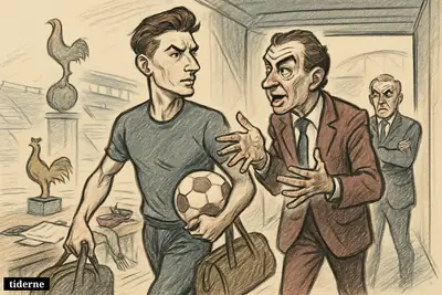 A footballer enters a stadium tunnel with a manager guiding him, while a pundit watches during a transfer-themed scene. (AI-genereret illustration)