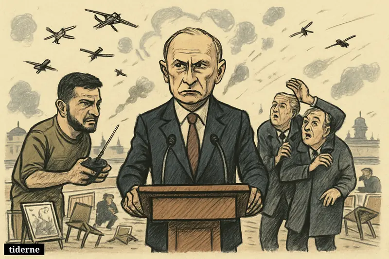 Putin on a forum stage as drones fly overhead, while Zelenskyj controls one and two regional governors flinch nearby.