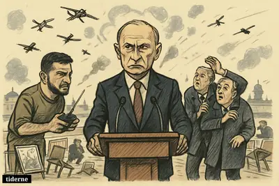 Putin on a forum stage as drones fly overhead, while Zelenskyj controls one and two regional governors flinch nearby.