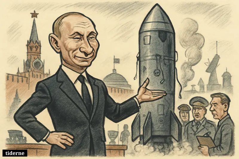 Caricature of Vladimir Putin presenting a huge missile on a Kremlin platform while worried officers notice visible technical flaws.