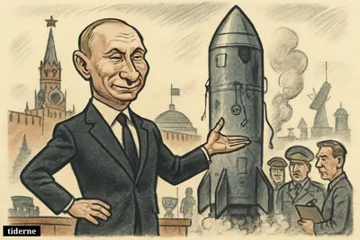 Caricature of Vladimir Putin presenting a huge missile on a Kremlin platform while worried officers notice visible technical flaws.