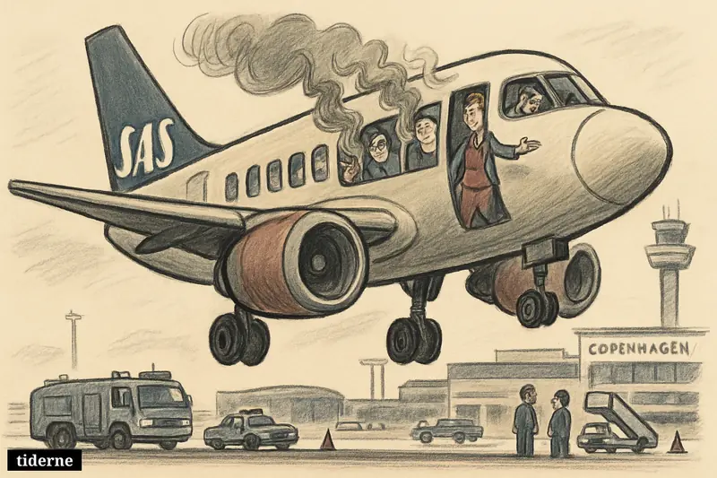 A caricature of an SAS plane returning to Copenhagen Airport with smoke visible in the cabin and emergency crews waiting below.