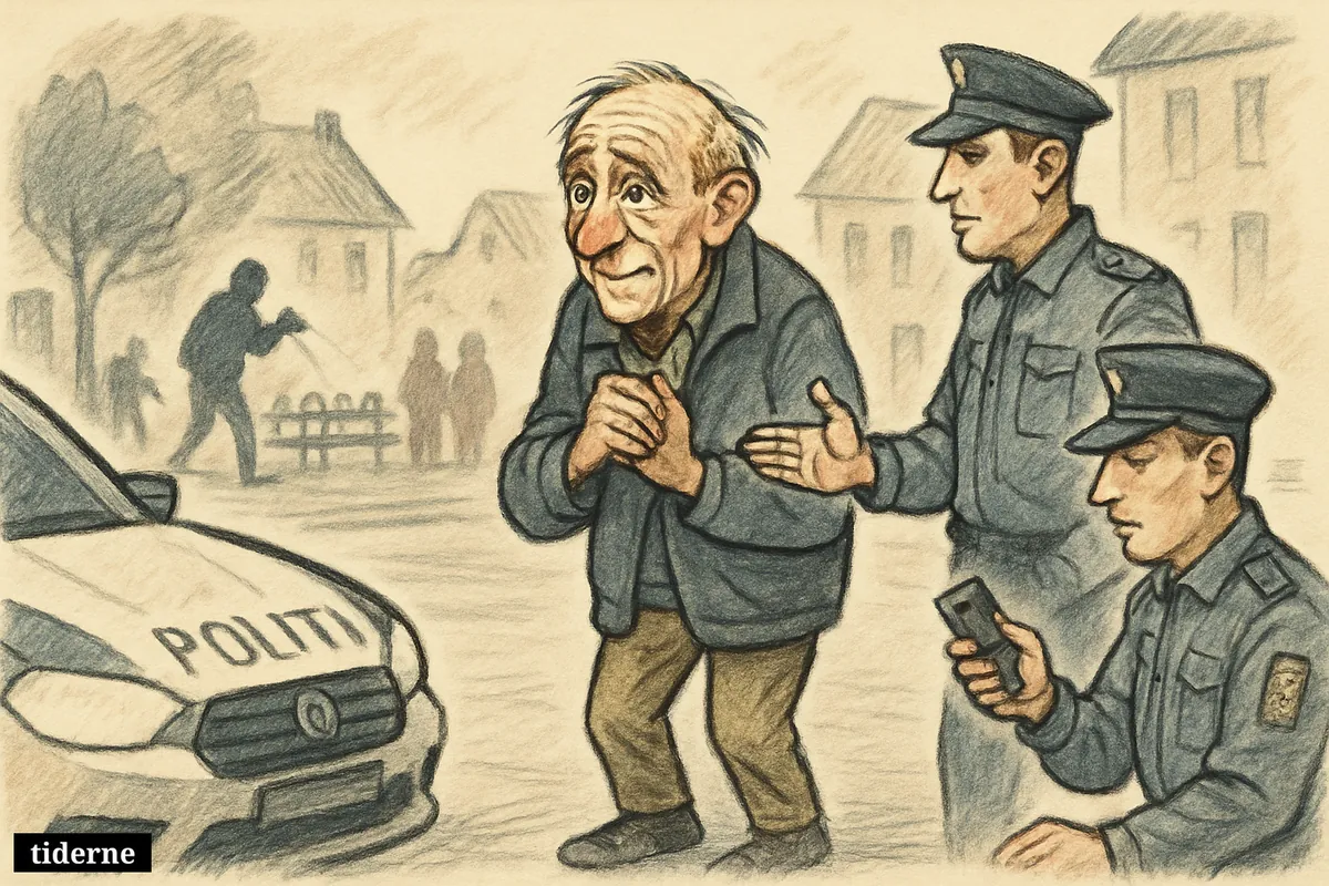 An elderly man is found on a quiet Køge street as two police officers approach him and a small search scene winds down. (AI-genereret illustration)