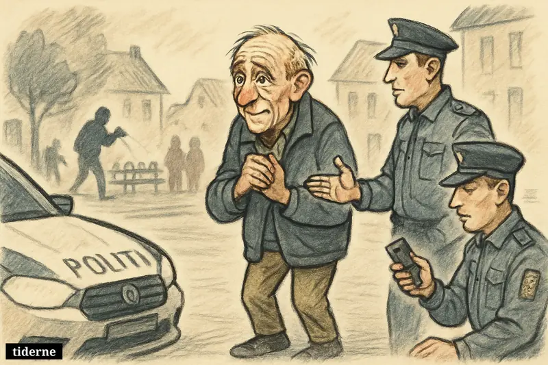 An elderly man is found on a quiet Køge street as two police officers approach him and a small search scene winds down. (AI-genereret illustration)