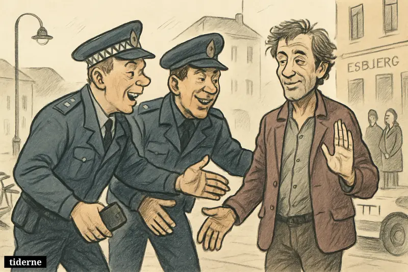 Two relieved police officers greet a tired but safe adult man on a quiet Esbjerg street as bystanders watch from behind. (AI-genereret illustration)