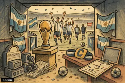 A football stadium tunnel scene with a throne-like ball pedestal, Argentina players celebrating, England players behind, and subtle media and corporate props. (AI-genereret illustration)