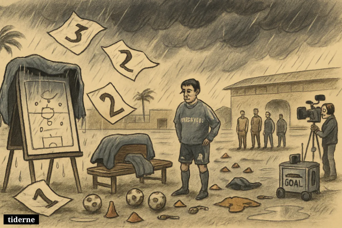 Storm-hit football training ground with disrupted Argentina setup, curling calendar pages, Egyptian opponents waiting, and broadcast gear near the touchline.