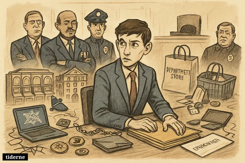 A young cybercrime suspect sits in a Chicago courtroom surrounded by agents, with casino, retail, grocery, and crypto hacking symbols nearby.