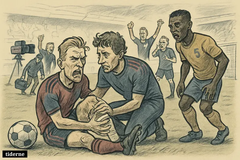An injured German footballer clutches his ankle on the pitch as teammates and medics rush in after a tense World Cup match.