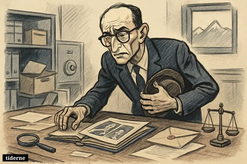 A caricature of Adolf Eichmann in an archive room, looming over opened secret files with Swiss mountains faintly visible beyond a window.