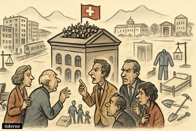 A Swiss referendum scene with a bulging ballot box, debating voters, crowded housing and trains, and symbols of immigration and labor shortage.