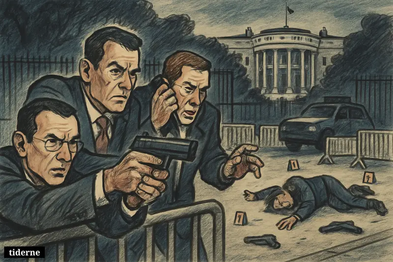 Secret Service agents confront an armed man near the White House, with barriers, fencing, and a tense nighttime security scene.