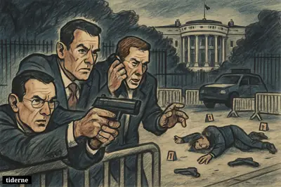 Secret Service agents confront an armed man near the White House, with barriers, fencing, and a tense nighttime security scene.