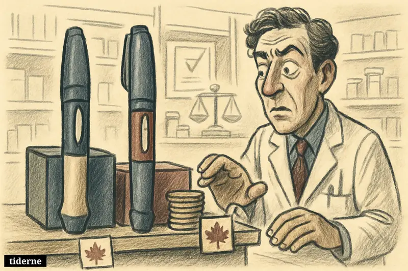 A pharmacy display shows original and generic semaglutide products, with the cheaper option emphasized and Canadian cues in the setting.