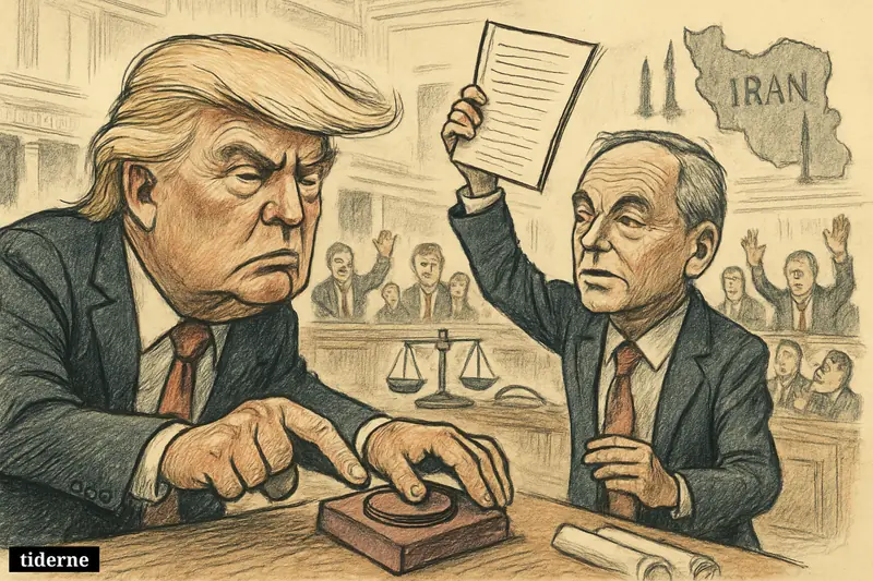 Trump reaches for a launch button in the Senate while Tim Kaine blocks him with legal papers and supportive senators look on.