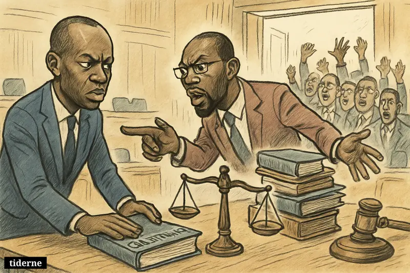 Caricature of President Faye and Ousmane Sonko facing off in parliament as lawmakers vote and protesters gather outside in Dakar.