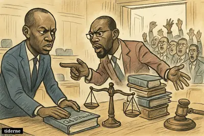 Caricature of President Faye and Ousmane Sonko facing off in parliament as lawmakers vote and protesters gather outside in Dakar.