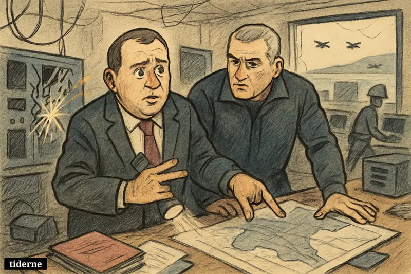 Caricatures of Razvozjajev and Aksyonov in a damaged power station control room during a blackout, with emergency staff, broken equipment, and drones outside.
