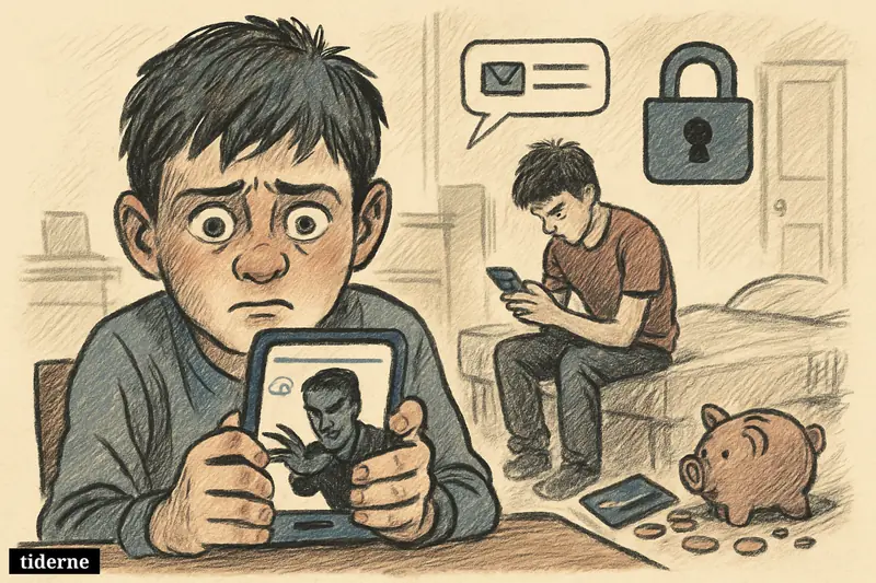 Two anxious boys in a bedroom stare at phones while a threatening online figure and money symbols suggest digital sextortion.