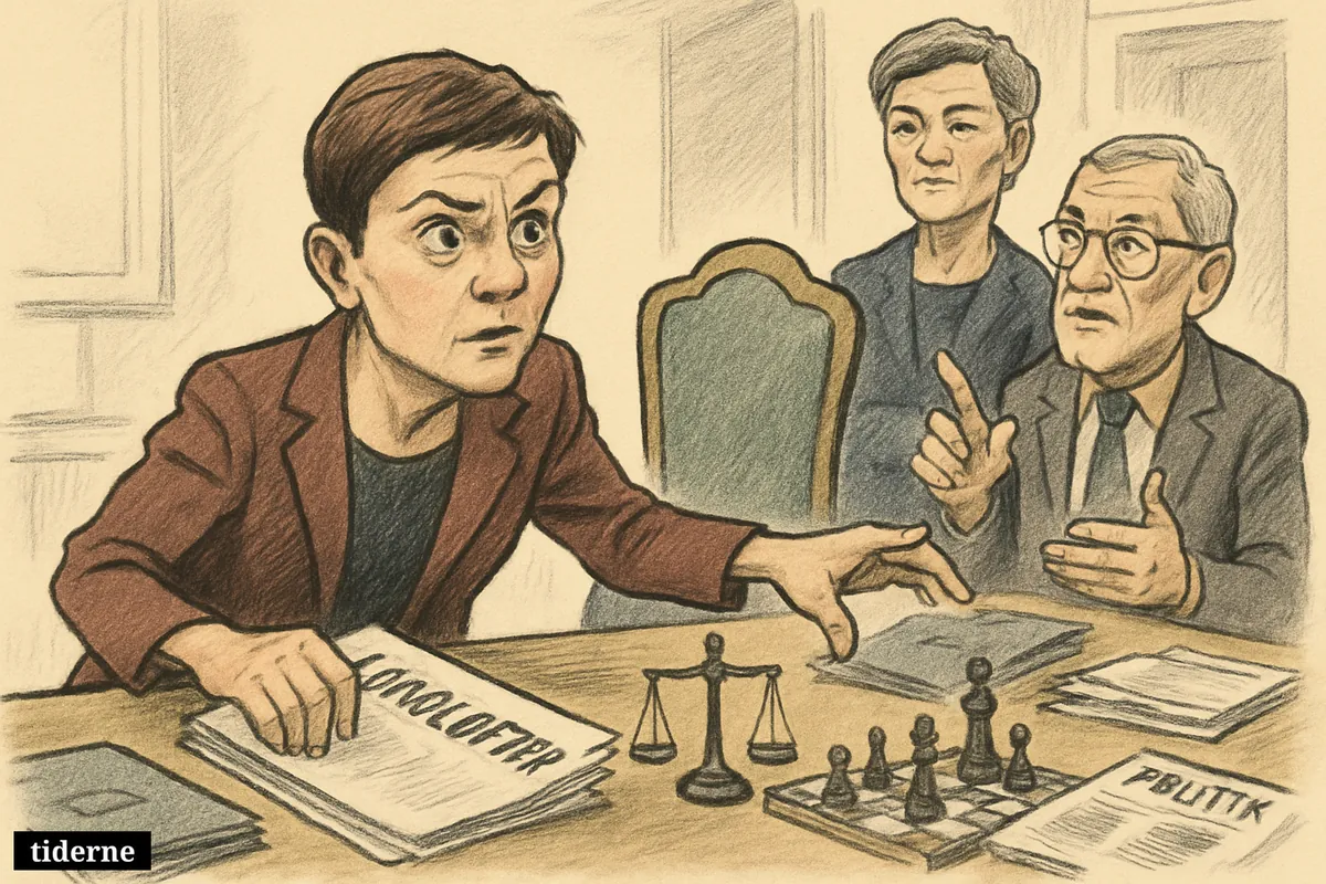 Pia Olsen Dyhr hesitates over a pledge at a negotiation table, with Margrethe Vestager and Mogens Søvndal nearby in a political caricature scene.