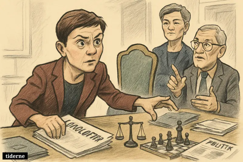 Pia Olsen Dyhr hesitates over a pledge at a negotiation table, with Margrethe Vestager and Mogens Søvndal nearby in a political caricature scene.