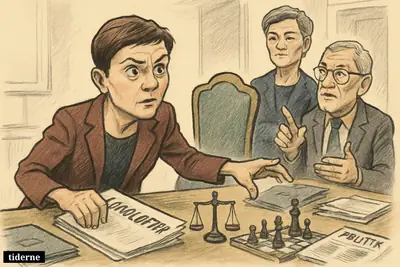Pia Olsen Dyhr hesitates over a pledge at a negotiation table, with Margrethe Vestager and Mogens Søvndal nearby in a political caricature scene.