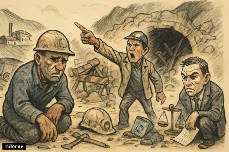 Caricature of anguished coal miners outside a damaged Shanxi mine, with broken safety gear, debris, and a tense inspector suggesting failed oversight.