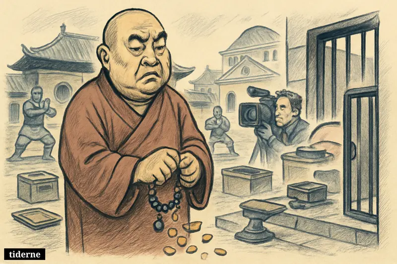 A caricature of former Shaolin abbot Shi Yongxin in monk robes, facing prison beside a temple courtyard, spilled wealth, and court symbols.